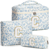 Tiblue initial makeup bag with floral quilted design for organized vanity storage.