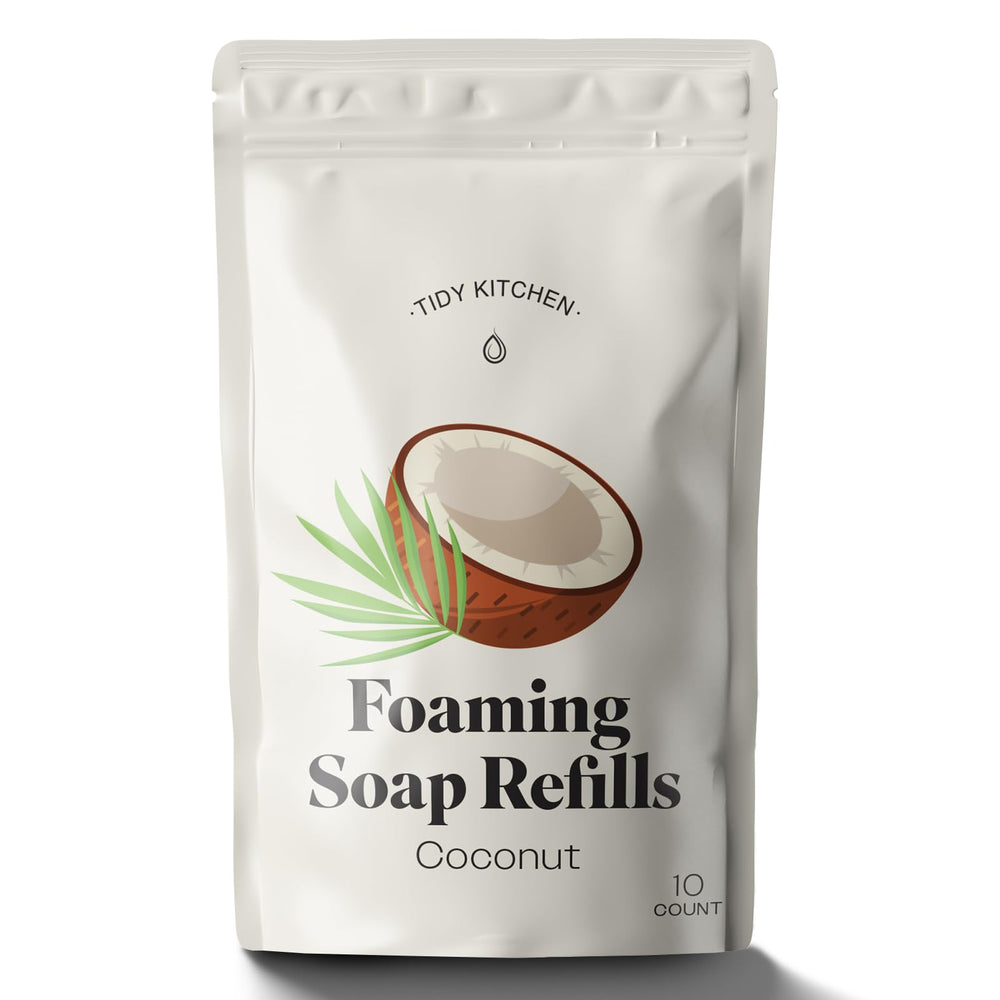 Tidy Kitchen foaming soap tablets pack dissolves for eco-friendly refills.