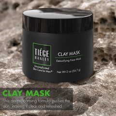Tiege Hanley Detoxifying Clay Mask on skin shows deep cleanse and matte finish.