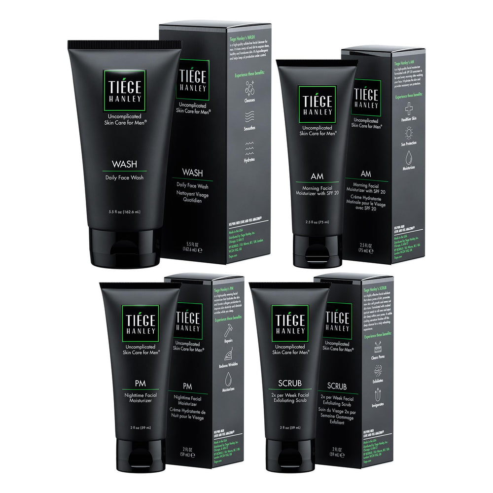 Tiege Hanley face wash 90-day bottle cleanses and hydrates for a refreshed, balanced morning routine.