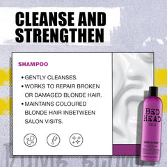 TIGI Bed Head Dumb Blonde shampoo detail highlighting intense shine on hair.