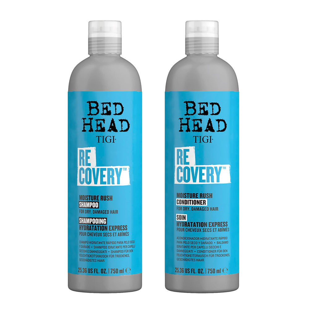 TIGI Bed Head Recovery Shampoo bottle pour targets deep hydration and repair.