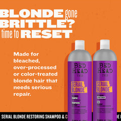 TIGI Bed Head Serial Blonde hydrolyzed keratin close-up highlights strand repair.