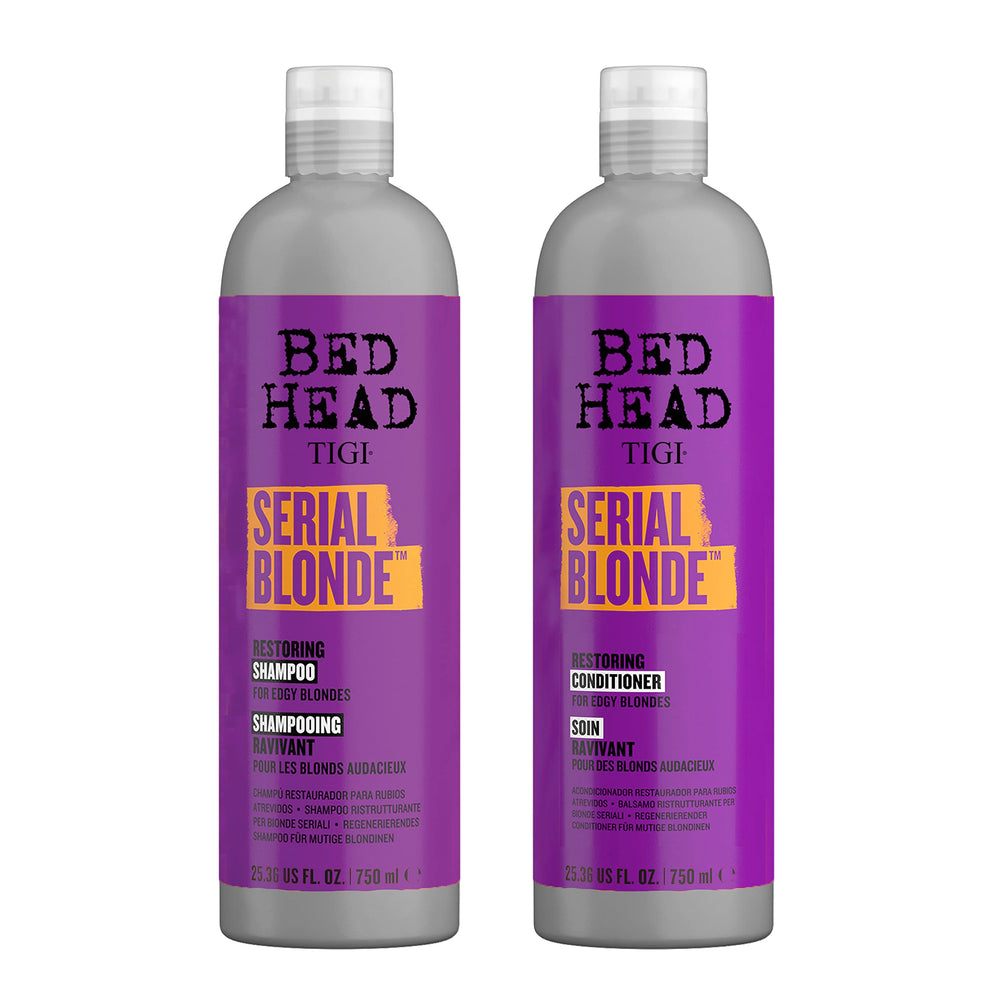 TIGI Bed Head Serial Blonde restoring shampoo bottle for color revival and strength.