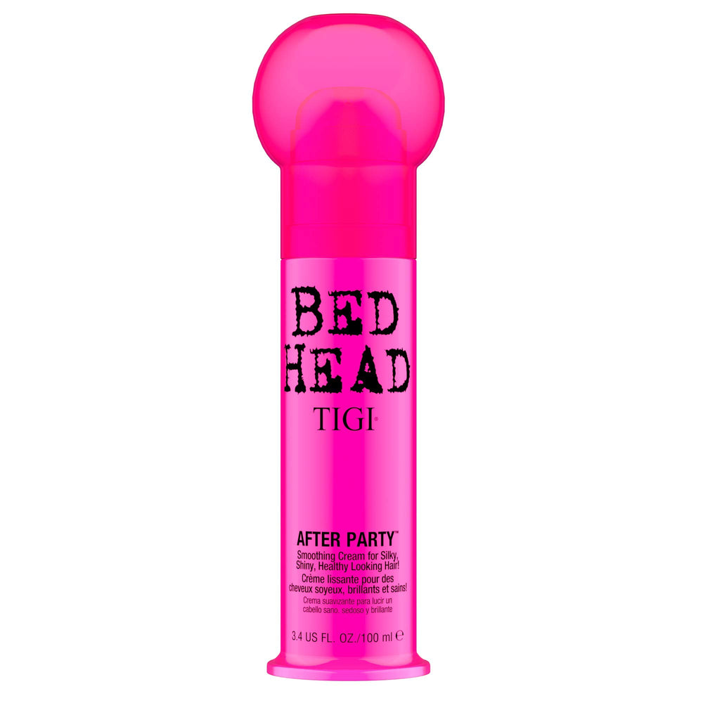TIGI Bedhead After Party smoothing cream bottle delivers sleek, frizz-controlled finish.