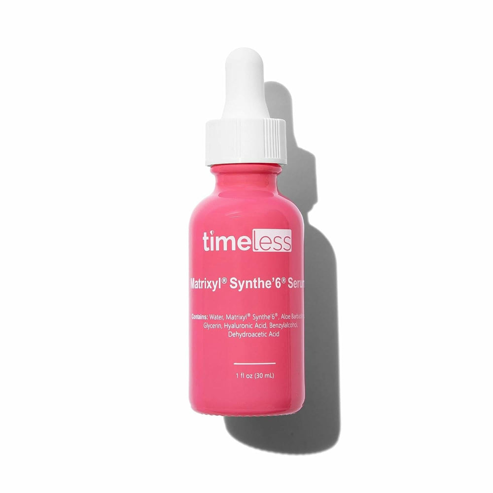 Timeless Skin Care Matrixyl Synthe’6 Serum bottle front highlights peptide-powered hydration