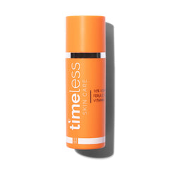 Timeless Skin Care Vitamin C Serum bottle closeup; brightening formula for daily use.
