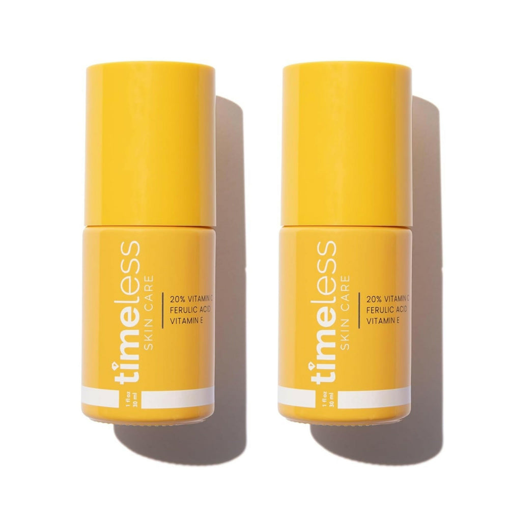 Timeless Skin Care vitamin C serum bottle emphasizing antioxidant formula for even tone.