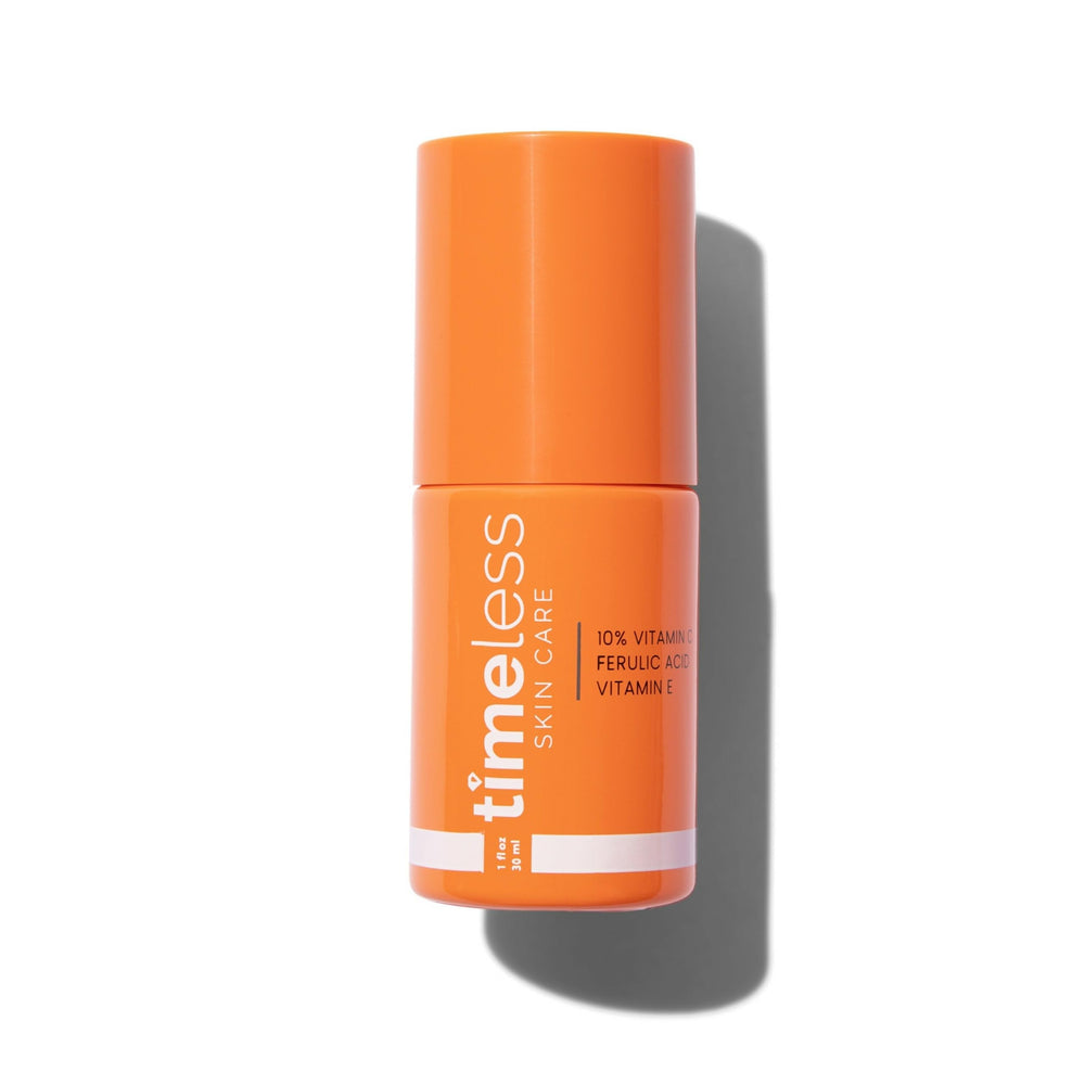 Timeless Skin Care Vitamin C Serum bottle with pump promoting brighter, even-toned skin.