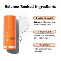 Timeless Skin Care Vitamin C Serum ingredients panel highlighting vitamins C and E with ferulic acid.