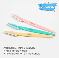 Tinkle dermaplaning razor blade closeup highlighting sharp rust-free blades for smooth shave