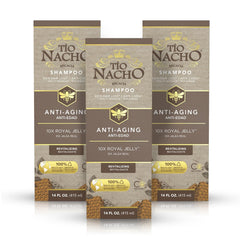 Tio Nacho anti-aging shampoo bottle front shows age-defying formula for fragile hair.