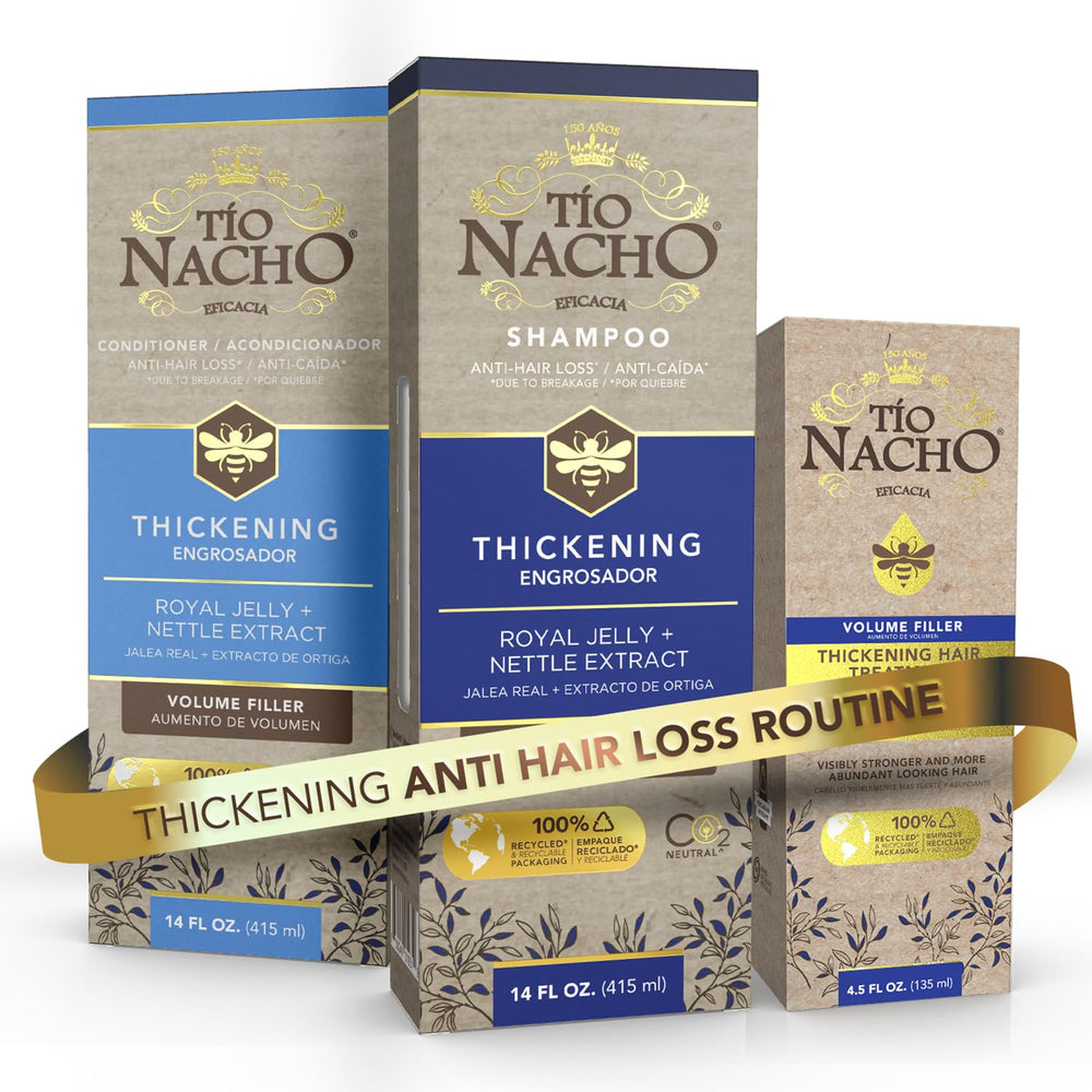 Tio Nacho thickening shampoo bottle shows a formula for fuller-looking hair.