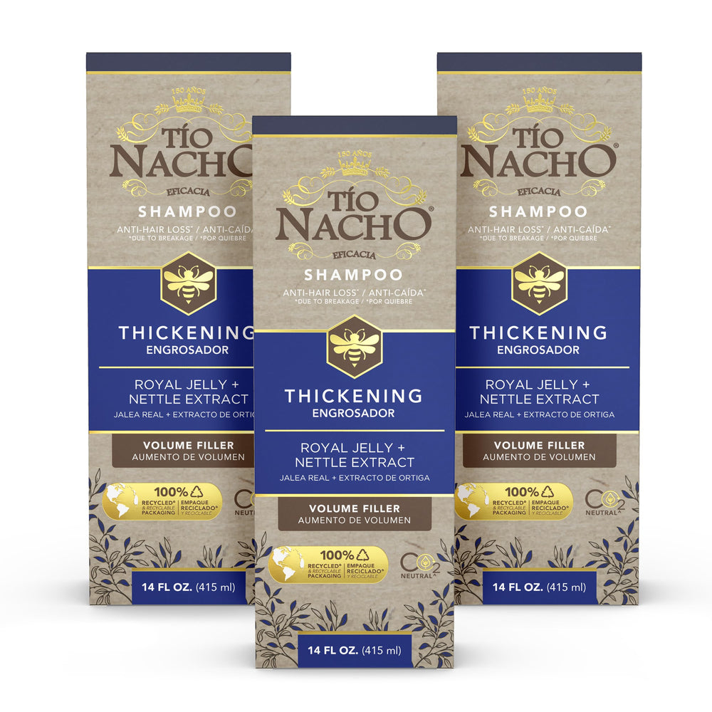 Tio Nacho thickening shampoo bottle demonstrates volume boost for thinning hair.