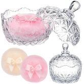 Tioncy glass powder puff container sits stylishly on vanity.