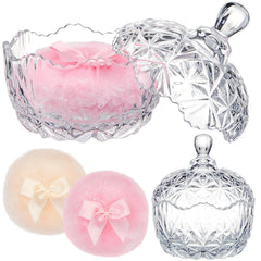 Tioncy glass powder puff container sits stylishly on vanity.