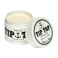 TipTop Matte Pomade jar close-up showing natural matte finish and easy washout.