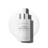 TIRTIR Ceramic Milk Ampoule bottle closeup shows glossy skin glow and hydration potential.