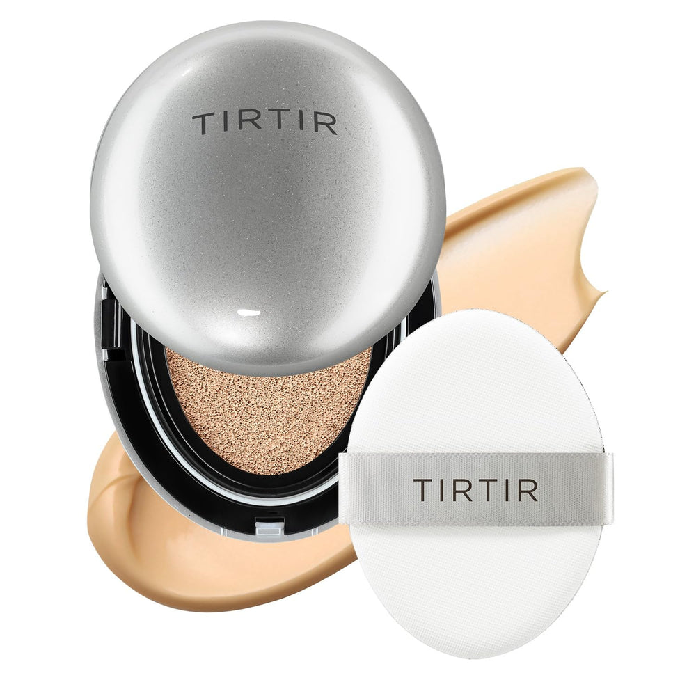 TIRTIR Mask Fit Aura Silver Cushion outer packaging signals premium glow and skin-friendly formula.