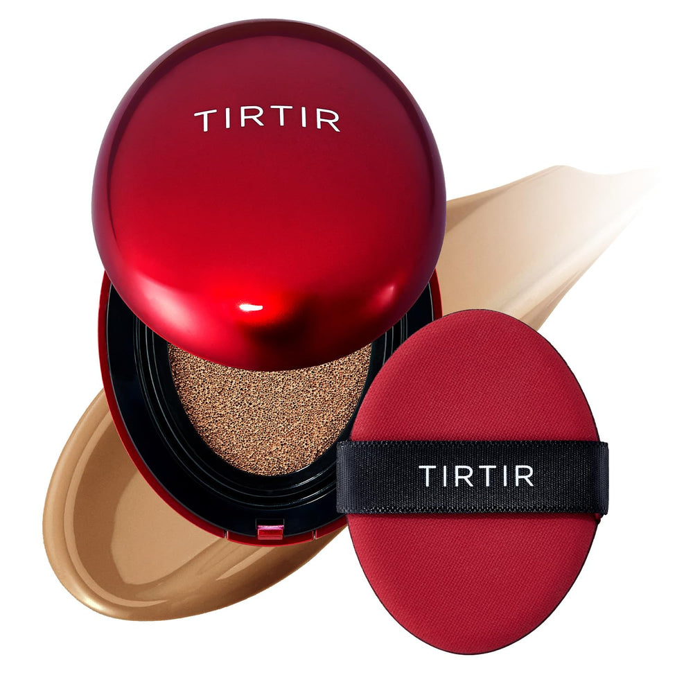TIRTIR Mask Fit Red Cushion bottle closeup showing smooth coverage for all-day wear