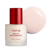 TIRTIR Mask Fit Red Foundation bottle closeup showing long-wearing satin finish.