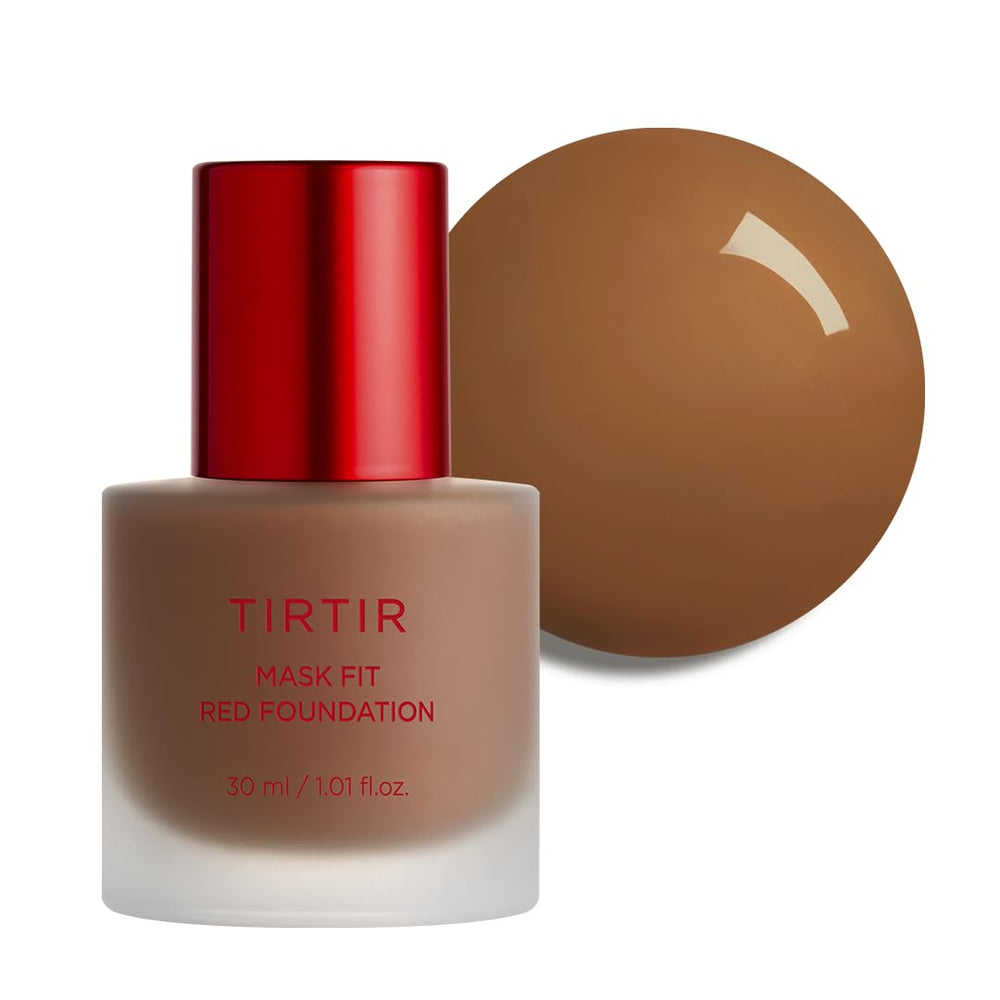 TIRTIR Mask Fit Red Foundation bottle close-up highlighting a satin finish.