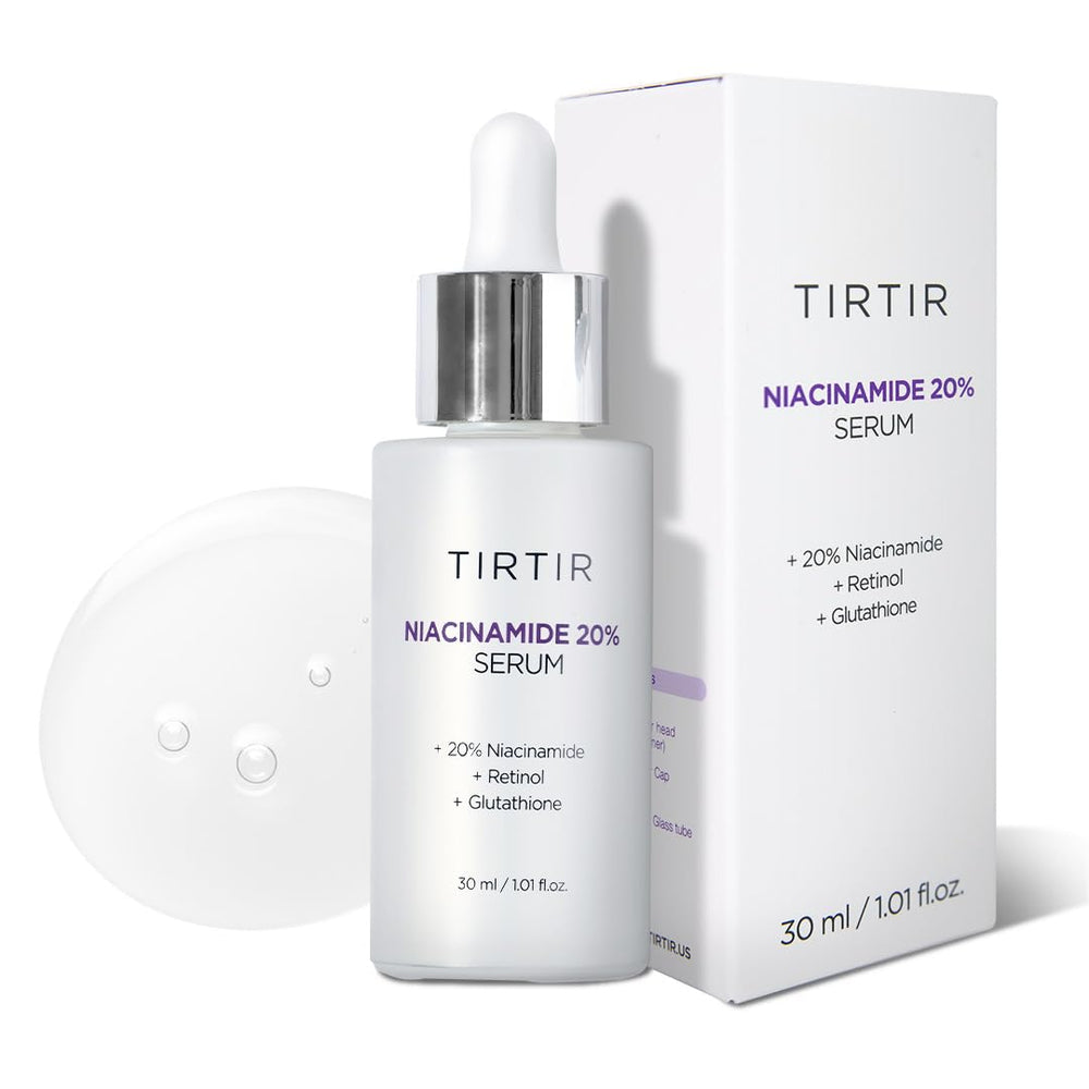 TIRTIR Niacinamide 20% Serum bottle promotes even skin tone and pore refinement.
