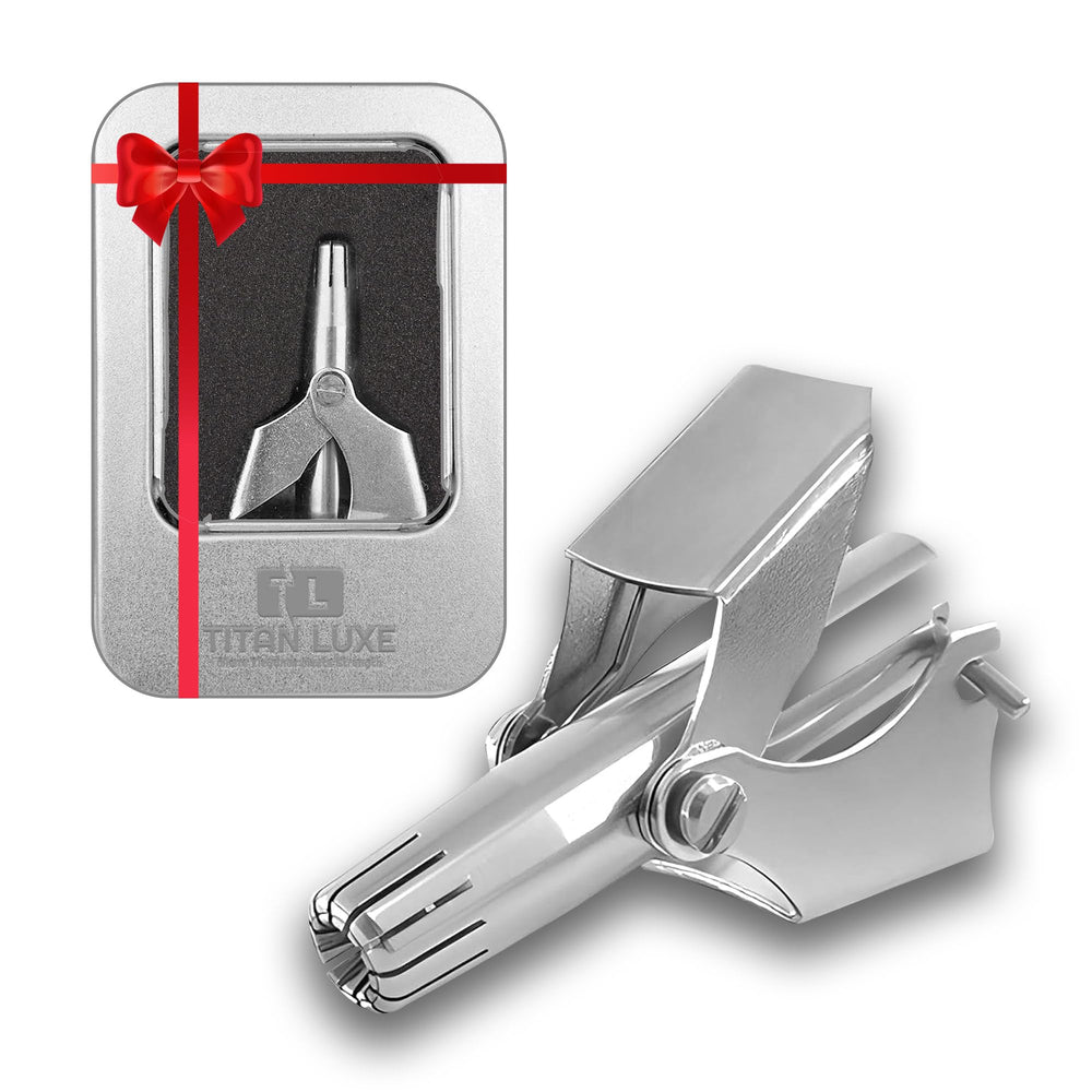 Titan Luxe manual nose ear trimmer handle close-up shows ergonomic grip for precise grooming.