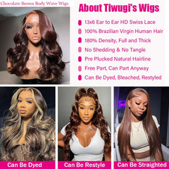 Tiwugi chocolate brown lace front wig 13x6 lace area enables versatile parting.