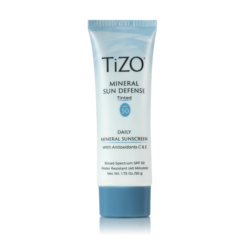TiZO Mineral Sun Defense tinted bottle provides broad spectrum protection with a satin finish.