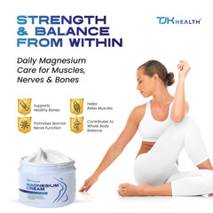 TJK Health Magnesium Cream bottle spreads on skin for smooth hydration and targeted nourishment.
