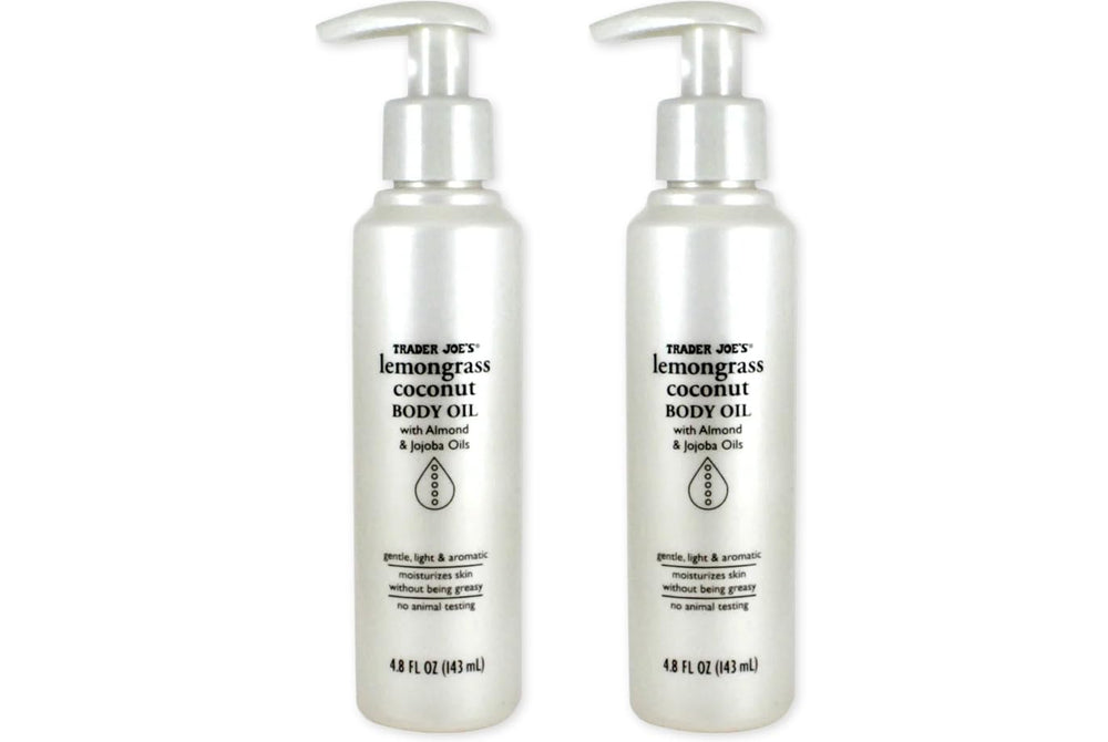 TJ’s Lemongrass Coconut Body Oil bottle with bright, non-greasy hydration.
