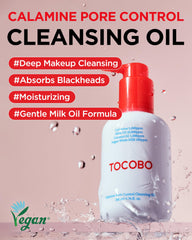 TOCOBO Calamine Pore Control Cleansing Oil pour highlights gentle makeup removal.
