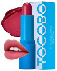 TOCOBO Powder Cream Lip Balm swatch in Rose Burn showing matte color with moisture