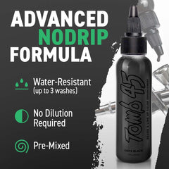 Tomb 45 No Drip beard line-up Onyx sample highlighting skin-safe, long-wearing color.
