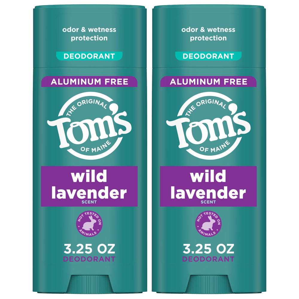 Tom's of Maine Wild Lavender deodorant packaging shows a 2-pack for daily use and sharing