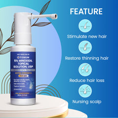 TOMUM minoxidil spray on scalp close-up shows targeted coverage for thinning areas.