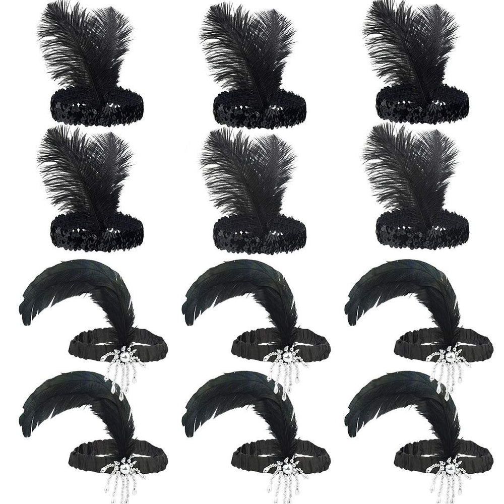 Tongcloud 12-piece flapper headband set with all-black feathers for Gatsby-style parties.