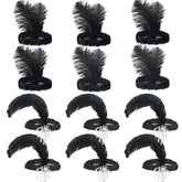 Tongcloud 12-piece flapper headband set with all-black feathers for Gatsby-style parties.