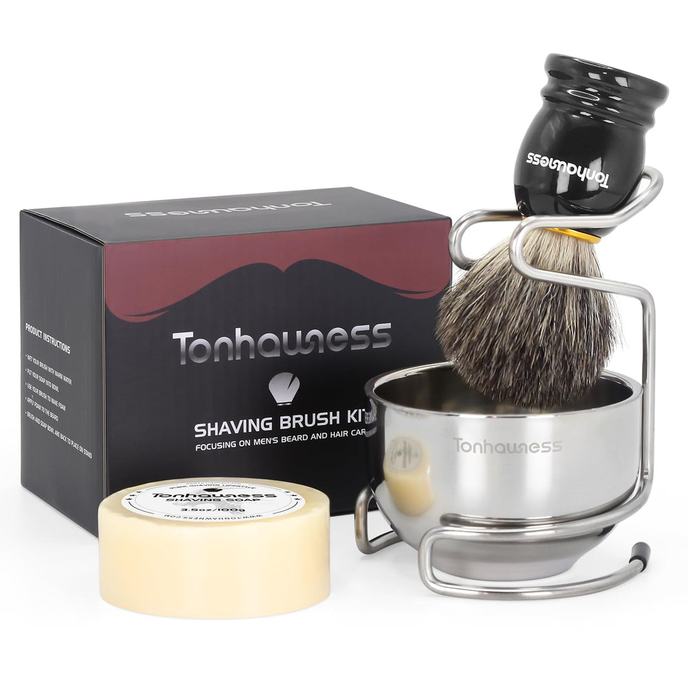 Tonhawness shaving brush kit natural badger hair offers luxurious lather for a smooth daily shave.