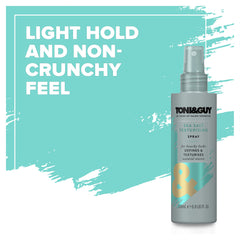 TONI&GUY Casual Sea Salt Spray on hair creates textured, relaxed waves.