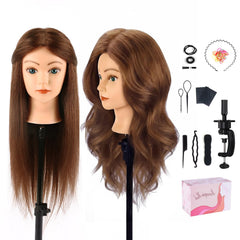 TopDirect mannequin head features 18-inch dark brown real hair for realistic styling practice.