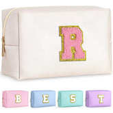 TOPEAST pearly white cosmetic travel bag with gold patch, ideal for travel organization.