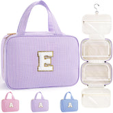 TOPEAST hanging toiletry bag front view with purple initial E for organized travel.