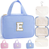 TOPEAST hanging toiletry bag in blue with initial E for travel organization