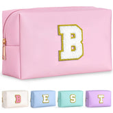 TOPEAST initial makeup bag pink B front view for organized cosmetics on the go.