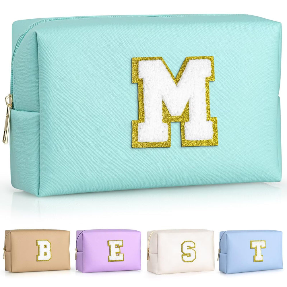 TOPEAST monogrammed makeup bag in blue with initial patch for personalized style on the go.