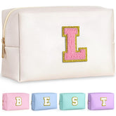 TOPEAST Pearly White L personalized patch makeup bag close-up for travel organization