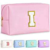 TOPEAST Preppy makeup bag pink front view shows compact size for daily cosmetics.
