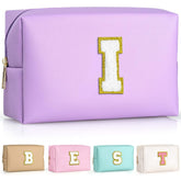TOPEAST Preppy makeup bag front view with gold glitter patch for personalized style and portability.